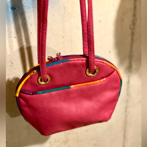 80s Pink Leather Shoulder Bag Handbag Retro with tassels on zipper - Picture 5 of 14